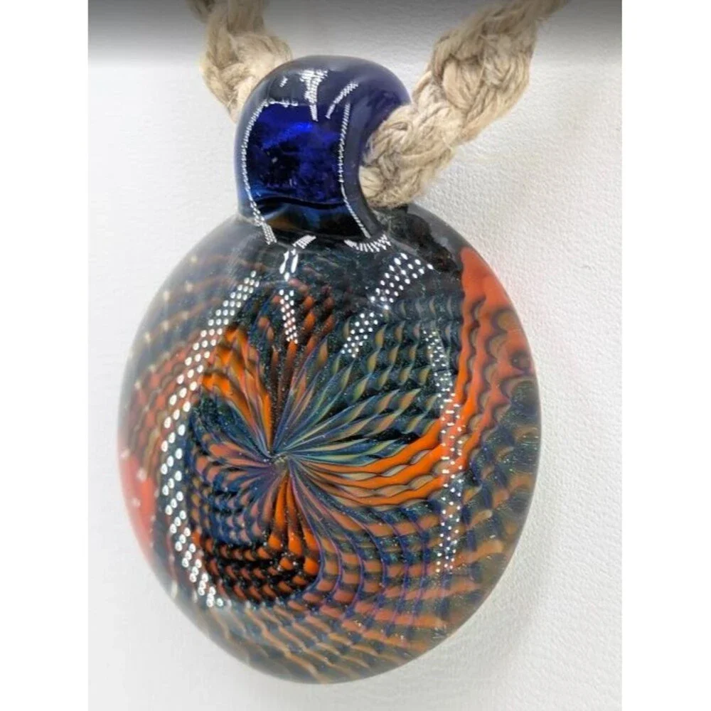 Art Glass Vortex Implosion Pendant Necklace Orange Blue Hemp Cord 21 Inch 34mm - Picture 4 of 12